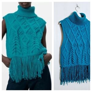 ZARA Teal Cable Knit Sleeveless Sweater S High Neck Fringe Hem Boho Chic Jumper